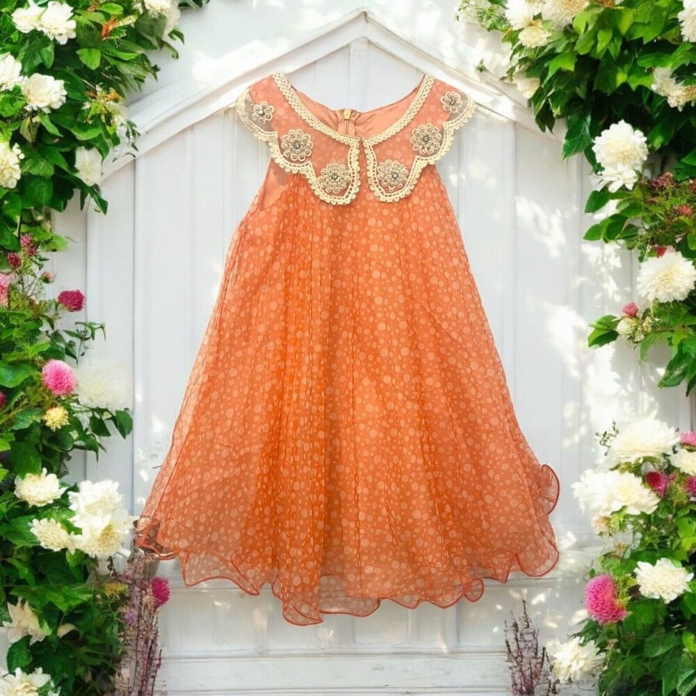 Bonnie Jean Orange Polka Dot Twirl Collar Fancy Easter Party Dress Girls Size 4